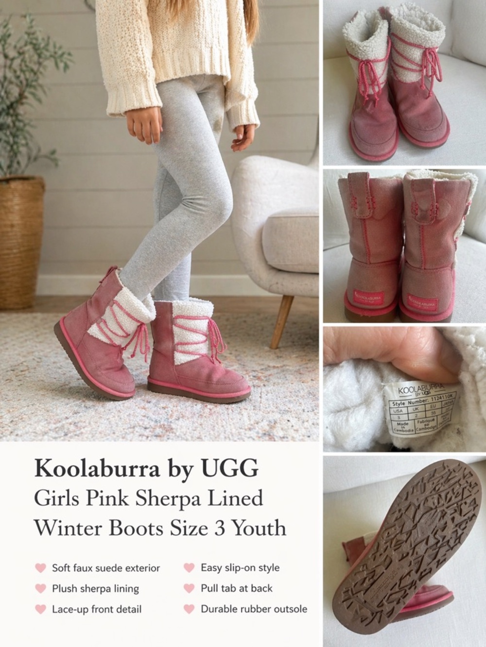 Koolaburra by UGG Girls Pink Sherpa Lined Winter Boots Size 3 Youth
